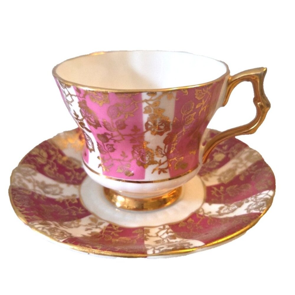 Royal Windsor Teacup and Saucer Pink Striped Gold Trim Fine Bone China England